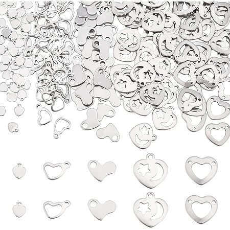 DICOSMETIC 250Pcs 5 Style Stainless Steel Heart Link Hollow Heart Connectors Heart Stamping Blank Tag Pendants Heart with Moon Star Pendants for Bracelet Necklace Earrings Making