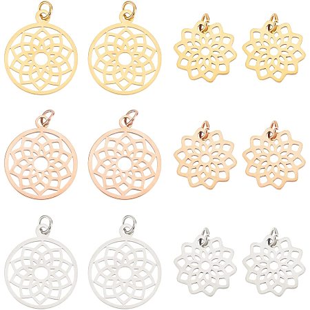 DICOSMETIC 12pcs 2 Styles 3 Colors Flower of Life Charms 304 Stainless Steel Chakra Hollow Flower Charms Filigree Flower Pendants Geometry Charms for Jewelry Making,Hole:3mm