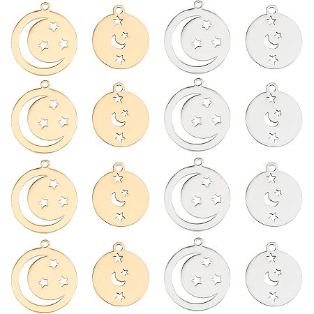 DICOSMETIC 16Pcs 4 Style Stainless Steel Pendants Flat Round with Moon and Star Charms Pendants in Golden Color for DIY Craft Jewelry Making Bracelet Necklace Pendant Earring Accessories