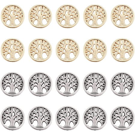 SUNNYCLUE 1 Box 20Pcs 2 Colors Life Tree Beads 18K Gold Plated Alloy Hollow Flat Round Disc Coin Bead Vintage Loose Spacers for Jewelry Making DIY Earrings Necklaces Crafts Findings