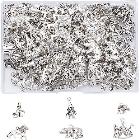 SUPERFINDINGS 96Pcs 6 Style Antique Silver Animal Charms Small Tibetan Style Alloy Pendants Circus Animals Charms for DIY Jewelry Craft Making,Hole: 1-2mm