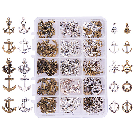 PandaHall Elite 100 Pieces 10 Style Antique Silver Bronze Tibetan Alloy Anchor & Helm Charms Punk Steampunk Charm Pendant Connector for DIY Jewelry Making