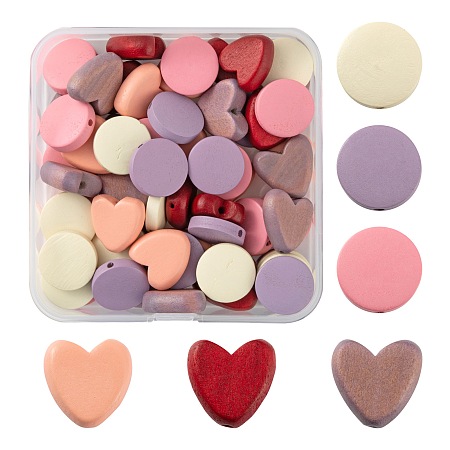 Arricraft 60Pcs 6 Style Painted Natural Poplar Wood Beads, Heart & Flat Round, Mixed Color, 15~15.5x4.5~6mm, Hole: 1.2~1.5mm, 10pcs/style