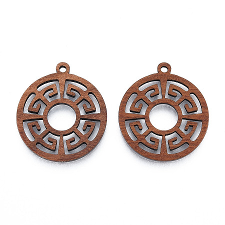 Honeyhandy Chinese Style Natural Walnut Wood Pendants, Undyed, Hollow Flat Round Charm, Camel, 28x25x2.5mm, Hole: 1.8mm