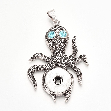 ARRICRAFT Alloy Rhinestone Snap Big Pendant Making, for Snap Buttons, Octopus, Antique Silver, 62x44x4.5mm, Hole: 5.5x8.5mm, Fit Snap Button in 5~6mm knob.