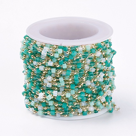 ARRICRAFT Handmade Glass Beaded Chains, Soldered, with Brass Findings, with Spool, Long-Lasting Plated, Real 18K Gold Plated, Cube, Dark Cyan, 2x2.5x2.5mm, 2mm, about 3.28 Feet(1m)/roll