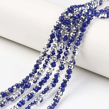 Arricraft Electroplate Opaque Glass Beads Strands, Half Silver Plated, Faceted, Rondelle, Royal Blue, 4x3mm, Hole: 0.4mm, about 145pcs/strand, 18.9 inches(48cm)