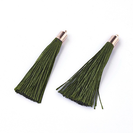Honeyhandy Polyester Tassel Big Pendant Decorations, with Alloy Finding, Golden, Dark Olive Green, 58~65x7~25mm, Hole: 1.5mm