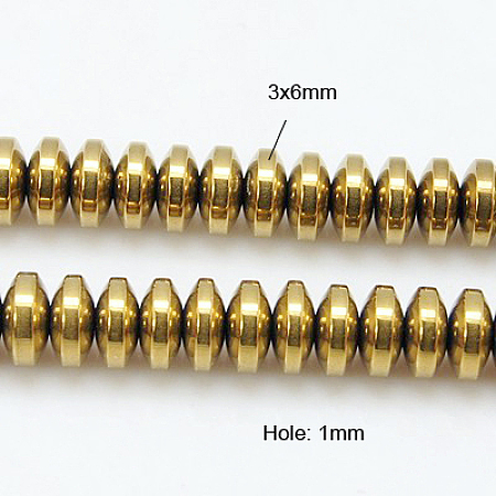 Honeyhandy Non-Magnetic Synthetic Hematite Beads Strands, Rondelle, Golden Plated, 6x3mm, Hole: 1mm