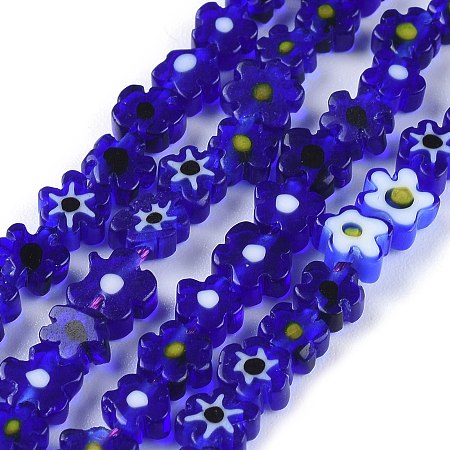 Honeyhandy Handmade Millefiori Glass Bead Strands, Flower, Medium Blue, 4~7.2x2.6mm, Hole: 1mm, about 60~69pcs/Strand, 16 inch(40cm)