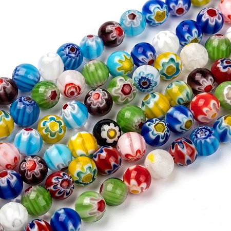 Honeyhandy Handmade Millefiori Glass Beads Strands, Single Flower, Round, Mixed Color, Size: about 8mm in diameter, hole: 1mm, about 48pcs/strand, 14 inch