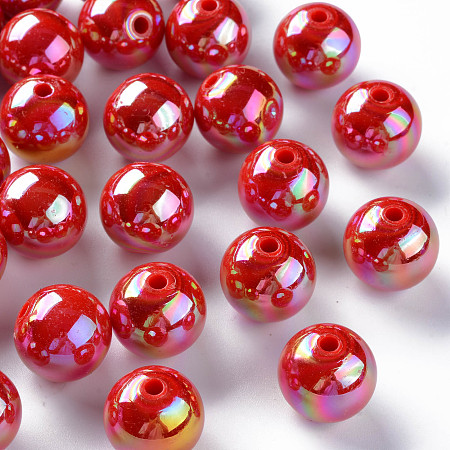 Opaque Acrylic Beads, AB Color Plated, Round, FireBrick, 16x15mm, Hole: 2.8mm