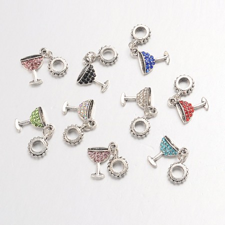 Honeyhandy Large Hole Alloy Glass Rhinestone European Dangle Charms, Cocktail Glass, Antique Silver, Mixed Color, 28mm, Hole: 4.5mm
