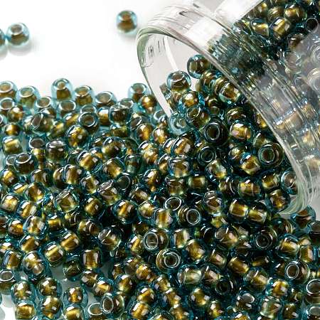 TOHO Round Seed Beads, Japanese Seed Beads, (1014) Gold Lined Aqua Luster, 8/0, 3mm, Hole: 1mm, about 220pcs/10g