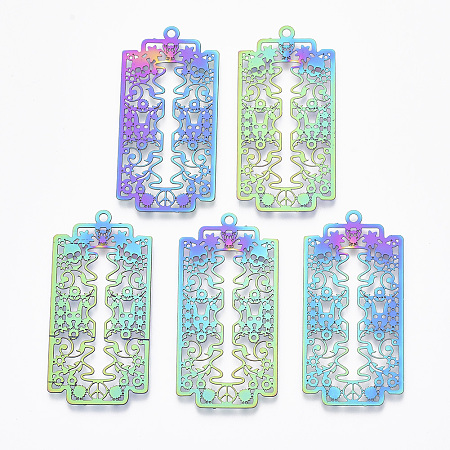 Nbeads  Vacuum Plating 201 Stainless Steel Filigree Pendants, Etched Metal Embellishments,  Rectangle with Sugar Skull, For Mexico Holiday Day of The Dead, Multi-color, 45x22x0.4mm, Hole: 1.8mm