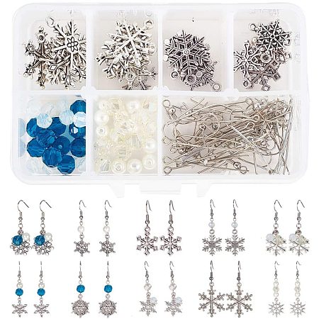 SUNNYCLUE DIY Earring Making, with Tibetan Style Alloy Pendants, Glass Beads, Brass Earring Hooks, Iron Eye Pin and Iron Head Pins, Snowflake, Mixed Color, 11x7x3cm