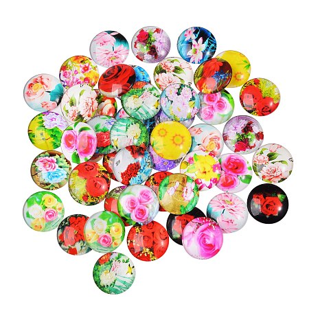 Arricraft Flower Printed Glass Cabochons, Half Round/Dome, Mixed Color, 25x7mm, 50pcs/box