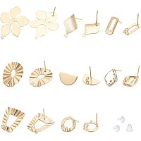 BENECREAT 32PCS(16 Pair) 18K Gold Plated Brass Stud Earring Flower/Oval/Rhombus Stud Earring with Loop for DIY Earring Making Supplies