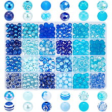 PandaHall Elite 600Pcs 24 Style Round Beads Jewelry Making Finding Kit, Including Acrylic & Glass & Resin Beads, Blue, 8mm, Hole: 1.3~2mm, 25pcs/style