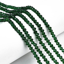 Honeyhandy Glass Beads Strands, Faceted, Rondelle, Dark Green, 4x3mm, Hole: 0.4mm, about 123~127pcs/strand, 16.5~16.9 inch(42~43cm)