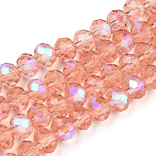 Honeyhandy Electroplate Glass Beads Strands, Half Rainbow Plated, Faceted, Rondelle, Salmon, 4x3mm, Hole: 0.4mm, about 123~127pcs/strand, 16.5~16.9 inch(42~43cm)