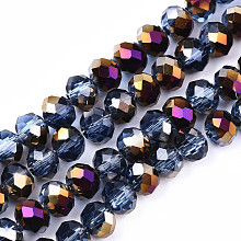 Honeyhandy Electroplate Transparent Glass Beads Strands, Half Purple Plated, Faceted Rondelle, Cornflower Blue, 6x5mm, Hole: 1mm, about 92~94pcs/strand, 17~17.5 inch(42.5~43.75cm)