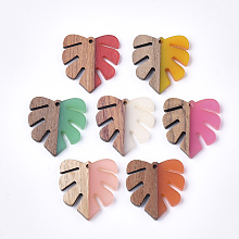 Honeyhandy Resin & Walnut Wood Pendants, Tropical Leaf Charms, Monstera Leaf Pendant, Mixed Color, 30x28x3.5mm, Hole: 2mm