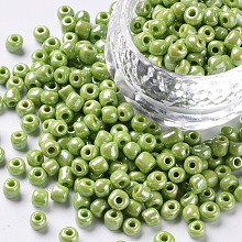 Honeyhandy Glass Seed Beads, Opaque Colors Lustered, Round, Green Yellow, 4mm, Hole: 1.5mm, about 4500pcs/pound