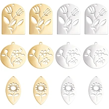 DICOSMETIC 12Pcs 3 Style Stainless Steel Flower Pendants Horse Eye/Rectangle/Flat Round Dangle Charms Golden Hollow Pressed Pendant Jewelry Accessories for Crafts Making