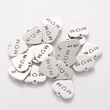 Honeyhandy Mother's Day Theme, 304 Stainless Steel Charms, Heart with Word MOM, Stainless Steel Color, 13x14x1mm, Hole: 1.5mm