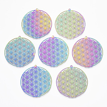 Honeyhandy Ion Plating(IP) 201 Stainless Steel Filigree Pendants, Spiritual Charms, Etched Metal Embellishments, Flower of Life, Rainbow Color, 37x35x0.4mm, Hole: 1.2mm