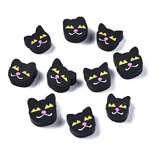 Honeyhandy Handmade Polymer Clay Beads, Cat, Black, 8~10x8~10x3.5~5mm, Hole: 1.5mm