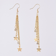 Honeyhandy Tassel Dangle Earrings, with 304 Stainless Steel Star Charms & Cable Chains, Brass Rhinestone Charms & Real 18K Gold Plated Earring Hooks, 84mm, Pin: 0.7mm