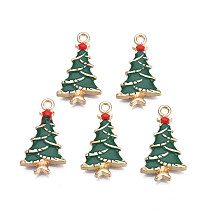 Rack Plating Alloy Enamel Pendants, Cadmium Free & Nickel Free & Lead Free, Light Gold, Christmas Tree, Dark Green, 26x15x3mm, Hole: 2mm