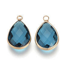 Honeyhandy Glass Pendants, with Brass Findings, Faceted, Teardrop, Dark Turquoise, 14x7.5x4mm, Hole: 2.5mm