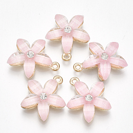 Honeyhandy Alloy Pendants, with Resin and Rhinestone, Flower, Crystal, Light Gold, Pink, 21.5x18.5x5mm, Hole: 1.5mm