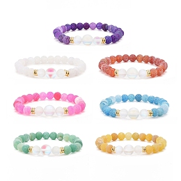 Honeyhandy 7Pcs 7 Color Natural Weathered Agate(Dyed) & Synthetic Moonstone Round Beaded Stretch Bracelets Set, Gemstone Stackable Bracelets for Women, Mixed Color, Inner Diameter: 2-1/8 inch(5.5cm), 1Pc/color