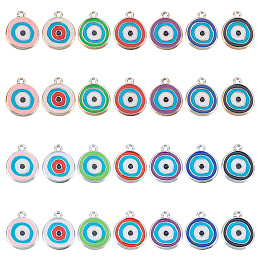 PandaHall Elite 84Pcs 14 Colors CCB Plastic Enamel Pendants, Flat Round with Evil Eye, Mixed Color, 17.5~18x15x2.5mm, Hole: 1.5mm, 6pcs/color