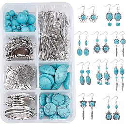 SUNNYCLUE 1 Box DIY 10 Pairs Turquoise Bead Earrings Making Kit Alloy Enamel Leaf Pendants Charms with Turquoise Beads Eye Pin & Earring Hooks for DIY Earring Jewelery Making, Antique Silver