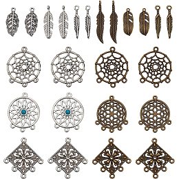 SUNNYCLUE 1 Box 144Pcs Boho Style Dream Catcher Charms Feather Leaf Charm Flat Round Chandelier Components Links Leaves Charms Turquoise Hollow Charm for Jewelry Making Charms Earring DIY Supplies