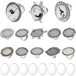 SUNNYCLUE 10Pcs Cabochon Ring Settings Glass Cabochon Rings Adjustable Ring Blank Setting Vintage Clear Glass Cabochons Owl Turtle Oval Blank Finger Ring Base for Jewelry Making Kits Women DIY Craft