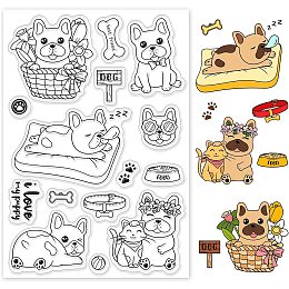 GLOBLELAND 1Sheet French Bulldog Clear Stamp Cat Silicone Clear Stamp Dog and Friend Rubber Stamps for Scrapbook Journal Card Making