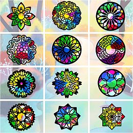 AHANDMAKER 24 Pcs Mandala Stained Glass Effect Paper Suncatchers Buddhism Mandala Window Clings Bohemian DIY Kit Stained Suncatchers Kits for Windows Arts Crafts Decor Glass Indoor Window Door Decals