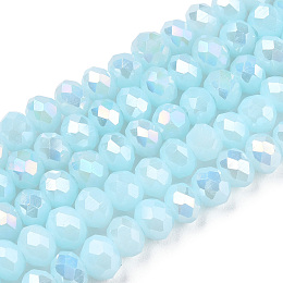 Honeyhandy Electroplate Glass Beads Strands, Opaque Solid Color, AB Color Plated, Faceted, Rondelle, Light Cyan, 4x3mm, Hole: 0.4mm, about 123~127pcs/strand, 16.5~16.9 inch(42~43cm)