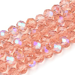 Honeyhandy Electroplate Glass Beads Strands, Half Rainbow Plated, Faceted, Rondelle, Salmon, 4x3mm, Hole: 0.4mm, about 123~127pcs/strand, 16.5~16.9 inch(42~43cm)