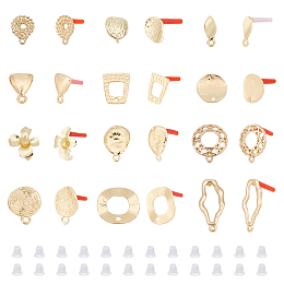 PandaHall Elite 48Pcs 12 Style Alloy Stud Earring Findings, with Alloy & Steel Pins, with Loops & Holes & 100Pcs Plastic Ear Nuts, Trapezoid & Triangle & Ring & Flower & Flat Round, Light Gold, 12~26x6~20mm, Hole: 1~4mm, Pin: 0.7mm, 4Pcs/style