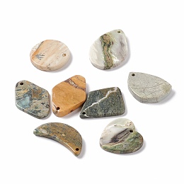 Natural Picasso Jasper Pendants, Flat Round & Heart & Teardrop & Rhombus & Moon, 28~39.5x18.5~29.5x3~4.5mm, Hole: 1.6~2mm