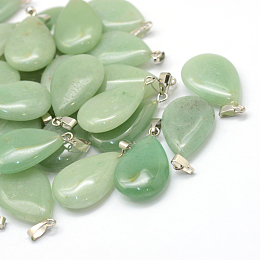 Honeyhandy Teardrop Natural Green Aventurine Pendants, with Platinum Tone Brass Findings, 25~29x16~17x5~6mm, Hole: 2x7mm