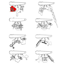 SUPERFINDINGS 8Pcs 8 Style Nurse's Cap & Infusion Bottle & Caduceus Alloy Charms Safety Pin Brooch, Stainless Steel Lapel Pins for Doctor Nurse Student, Mixed Color, 31~88mm, 1Pc/style