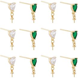 DICOSMETIC 12Pcs Heart 2 Colors Rhinestone Stud Earring Set Emerald and Clear Glass Crystal Heart Studs with Cup Peg Bails18K Gold Plated Brass Earring Finding for DIY Earrings